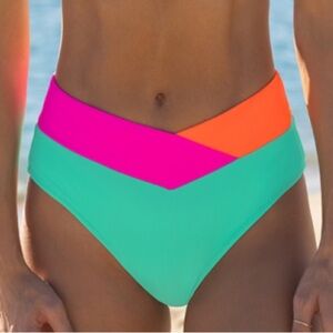 Popvil neon pink orange aqua bright  bikini bottoms swimwear NWT size small